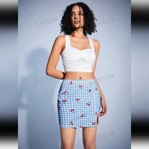🌈 EUC Forever 21 Cherry 🍒 and Blue Gingham High Waist Skirt with Thigh